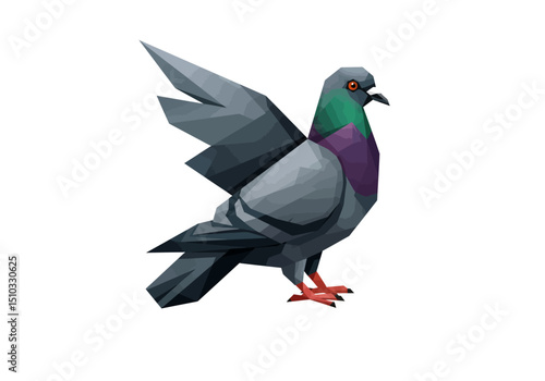 Low Poly Pigeon with Geometric Wings and Colorful Neck