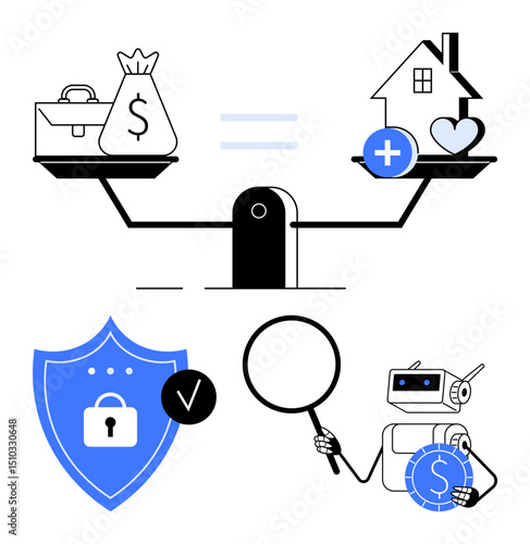 Scales balancing money and home health, secure shield with lock, robot holding magnifying glass and coin. Ideal for finance, security, AI, data analysis, home values, insurance flat simple metaphor