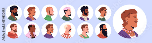 Set of side view male avatars with circle shape. Profiles of fashion men with different beards, mustaches, haircuts. Round portraits of stylish guys with moustaches. Flat isolated vector illustrations