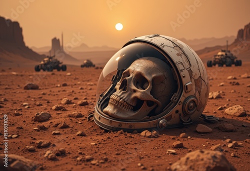 Lost astronaut's last voyage on Mars during sunset, a monument to a forgotten mission now rests in the desolate landscape
