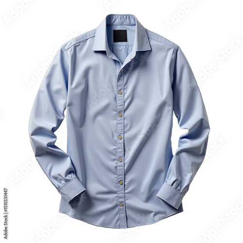 Casual blue long-sleeve shirt, lightweight fabric with button-down collar, perfect for relaxed or smart-casual occasions. Isolated on white background or PNG