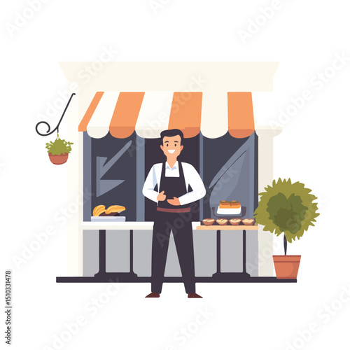 Professional Vector Illustration of Restaurant Shop with Businessman, Ideal for Business Presentations and Marketing Collaterals
