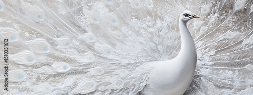 Majestic white peacock displaying its elaborate tail feathers in a beautiful, elegant pose. Animal illustration, bird species