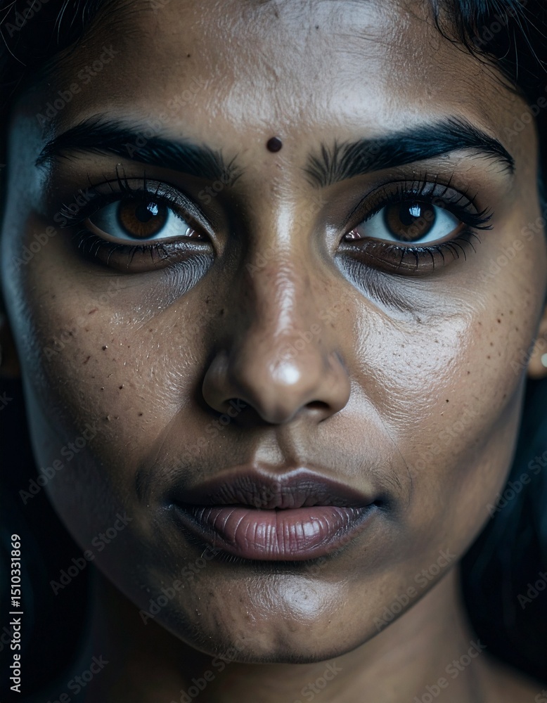 Close-up portrait of an indian woman's face. Realistic skin texture, natural lighting, sharpness, detailed eyes, natural skin imperfections. Close-up portrait of an indian woman's face. Realistic skin texture, natural lighting, sharpness, detailed eyes, natural skin imperfections.