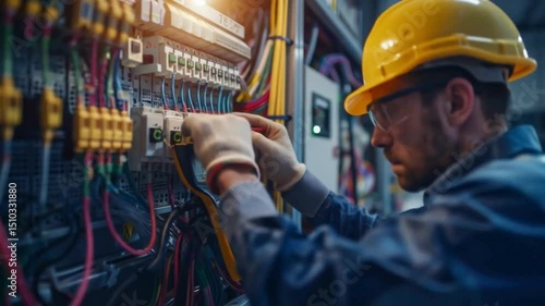 Technician using digital multimeter to inspect circuit breakers and wiring in industrial control panel with realistic lighting and tools