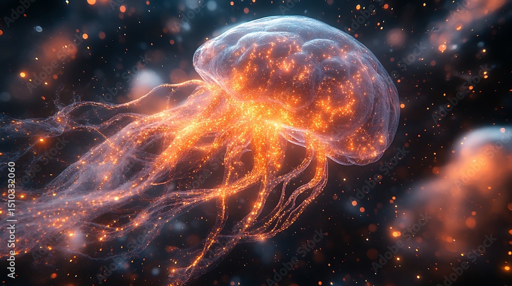 Futuristic ethereal glowing jellyfish floating in deep space environment generating high resolution image. Futuristic ethereal glowing jellyfish floating in deep space environment generating high resolution image.