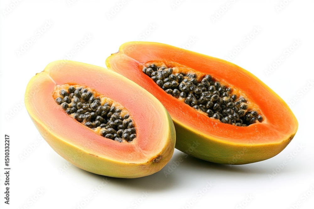 Two halves of ripe papaya fruit isolated on white. Two halves of ripe papaya fruit isolated on white.