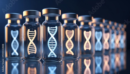 a row of vials, each containing a glowing DNA strand, symbolizing medical and scientific innovation 