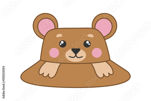 Summer bear hat, kids panama. Beach headwear accessory in cute baby design for boys and girls flat vector illustration