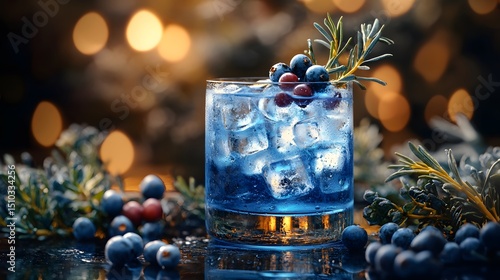 Intricate Blue Gin Portrait Amidst Weathered Snags and Juniper Berry Accents on a Rustic Background