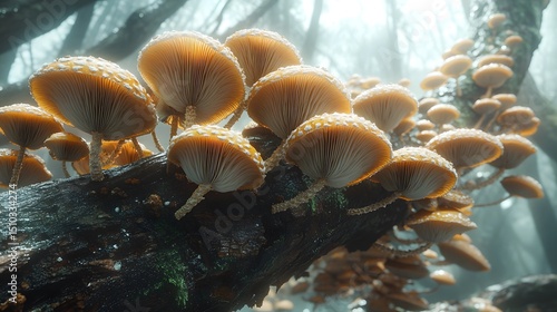 Detailed Closeup Rendering of Inedible Schizophyllum amplum Mushrooms as Poplar Bells on a Gnarled Branch in a Misty Floodplain Forest with Ethereal Lighting
