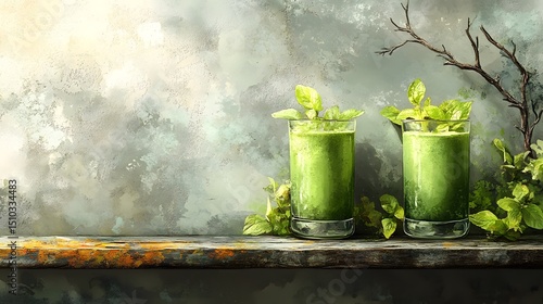 Intricately crafted digital illustration of refreshing green smoothies in stylish glasses set on an aged wooden table with a diffused grey background and a natural wooden branch highlight