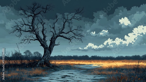 Detailed Hand-Drawn Abandoned Landscape Featuring a Withered Tree with Meticulous Shading for Elegant Print and Apparel Designs