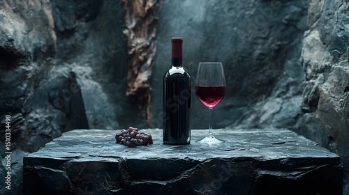 Elegant Composition of a Red Wine Bottle and Glass on a Mysterious Black Stone Table with Vintage Charm and Detailed Weathering