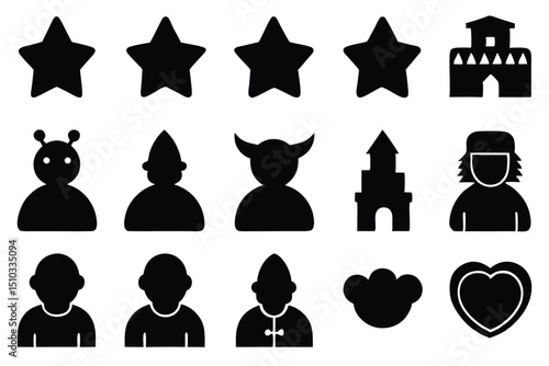 Collection of vector silhouette icons featuring stars people buildings and abstract shapes