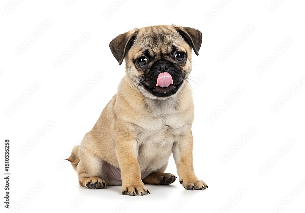 Adorable Pug Puppy Sitting and Licking Its Nose on a White Background in a Studio Setting Adorable Pug Puppy Sitting and Licking Its Nose on a White Background in a Studio Setting