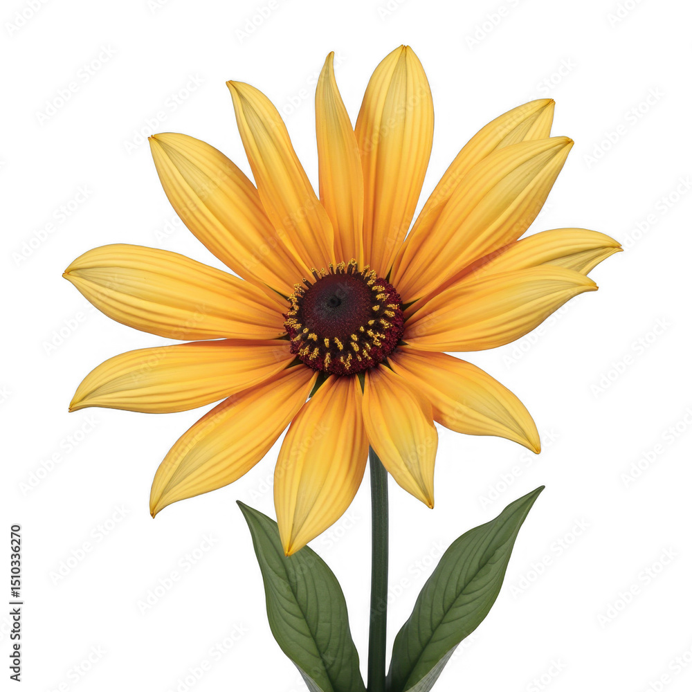 Obraz premium Bright sunlit flower, vibrant yellow petals surrounding a dark center, evoking feelings of warmth and positivity, perfect for cheerful designs. Isolated on white background or PNG