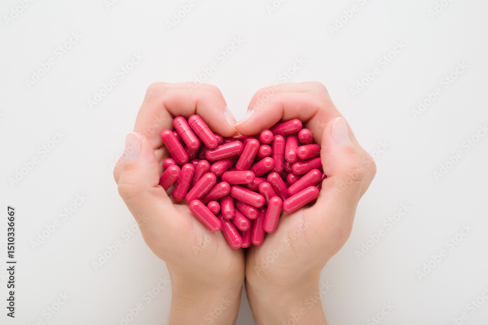 Heart shape with red capsule pills created from young adult woman hands on white table background. Closeup. Healthcare concept. Point of view shot. Top down view. Heart shape with red capsule pills created from young adult woman hands on white table background. Closeup. Healthcare concept. Point of view shot. Top down view.