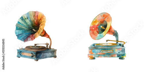 abstract color silhouette of gramophone watercolor vector illustration