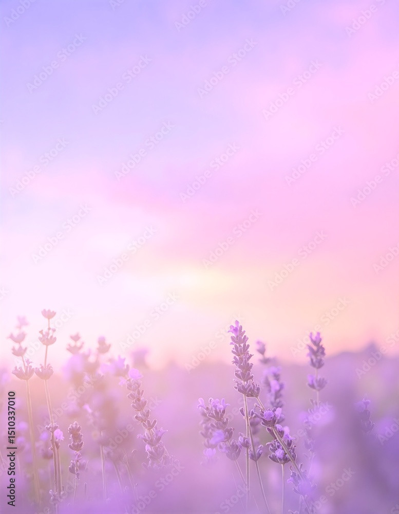 Obraz premium A vibrant field of lavender flowers stretches towards the horizon, bathed in the warm, golden hues of a breathtaking sunset, creating a serene atmosphere.