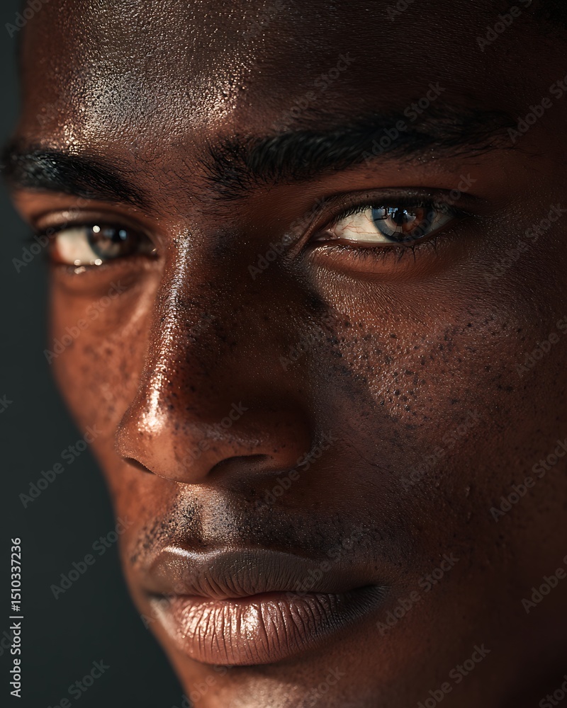 Extreme close-up of eyebrows on dark-skinned man, sharp detail and natural shape. Extreme close-up of eyebrows on dark-skinned man, sharp detail and natural shape.