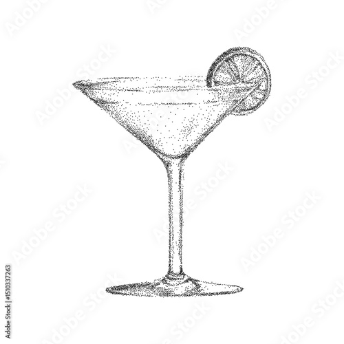 Hand drawn Italian style cocktail, drink with retro pop art stipple texture. Noisy gritty dot halftone effect on vintage ink sketch for stylish cafe illustrations.