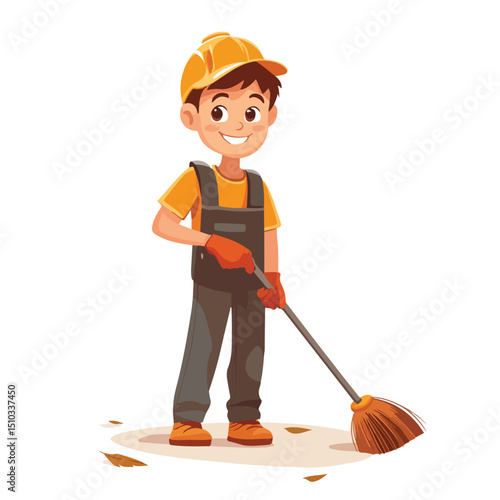 Illustration of a Volunteer Boy Cleaning Park with Cartoons in Vector Format