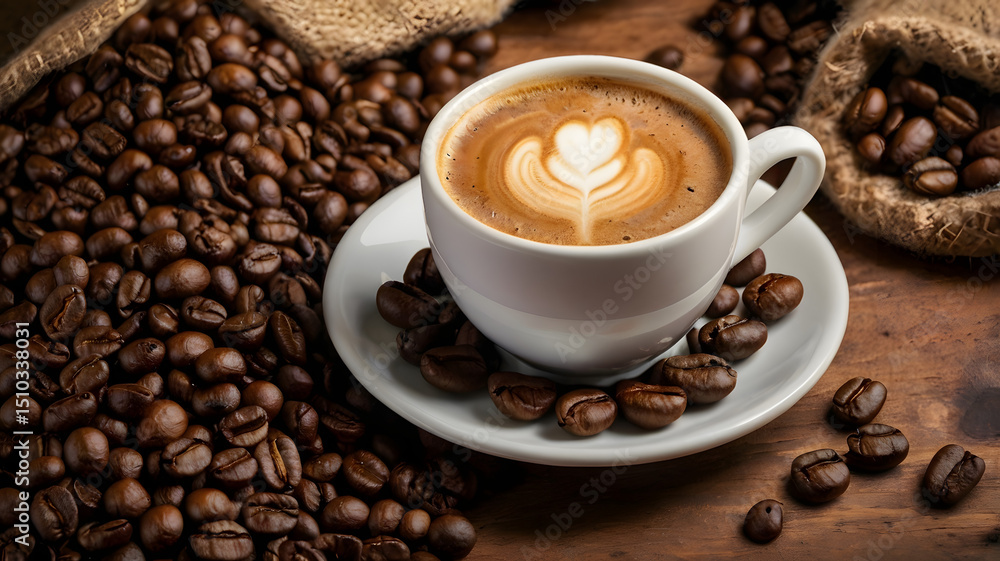 Fototapeta premium cup of coffee with beans, ai generated