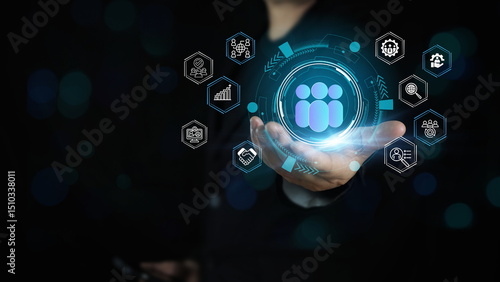 HR (Human Resources), businessman holding human resources interface icons, business and organizational development network, talent management solutions