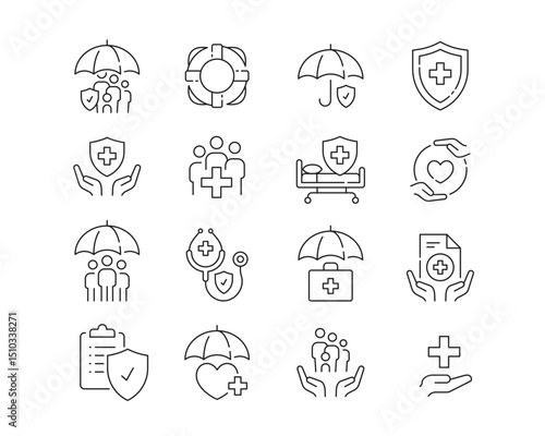 Health Insurance Icon collection containing 16 editable stroke icons. Perfect for logos, stats and infographics. Edit the thickness of the line in Adobe Illustrator (or any vector capable app).