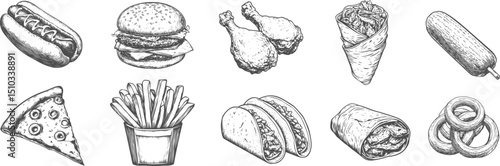 Set illustrations of fast food isolated on transparent background. Vector graphics