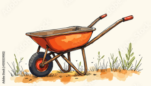 Orange wheelbarrow on soil background with grass for gardening tasks  