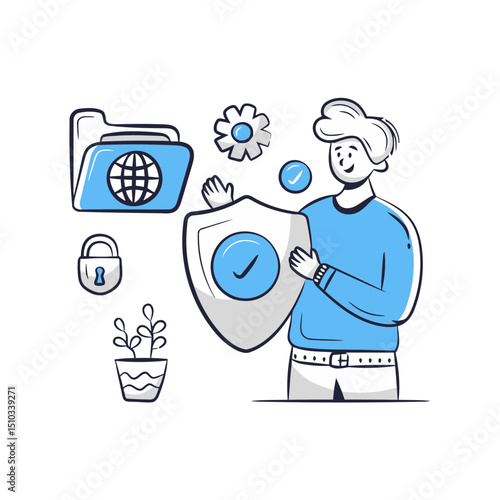 Security data protection privacy safety network internet shield man folder lock technology system vector art illustrations