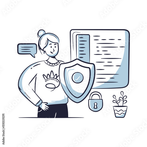 Security data protection privacy shield safety woman vector illustration concept design online safeguard vector art illustrations