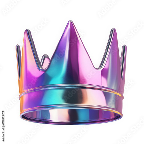 Melting chrome crown in Y2K style with holographic surface. Reflective molten metal texture, rainbow pastel colors, shiny liquid object.