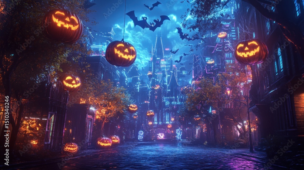 Obraz premium Night Halloween city street scene with glowing pumpkins, bats, and gothic architecture.