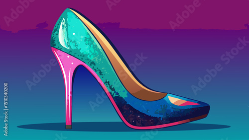 A designer stiletto heel with a glittering finish, placed on a seamless gradient surface.