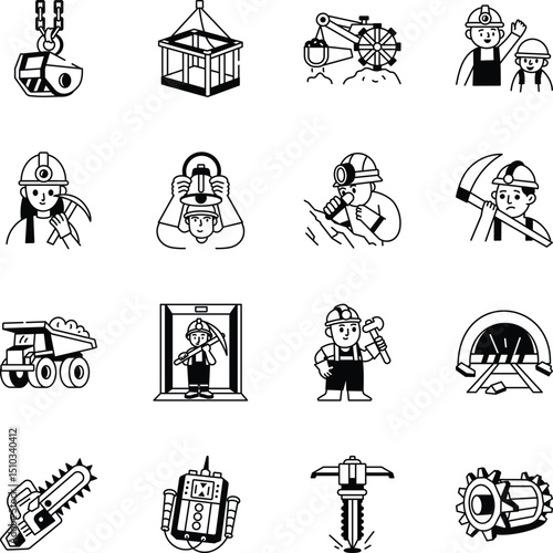 Set of Hand Drawn Coal Mining Industry Icons 

