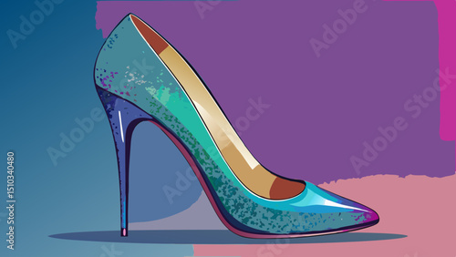 A designer stiletto heel with a glittering finish, placed on a seamless gradient surface.