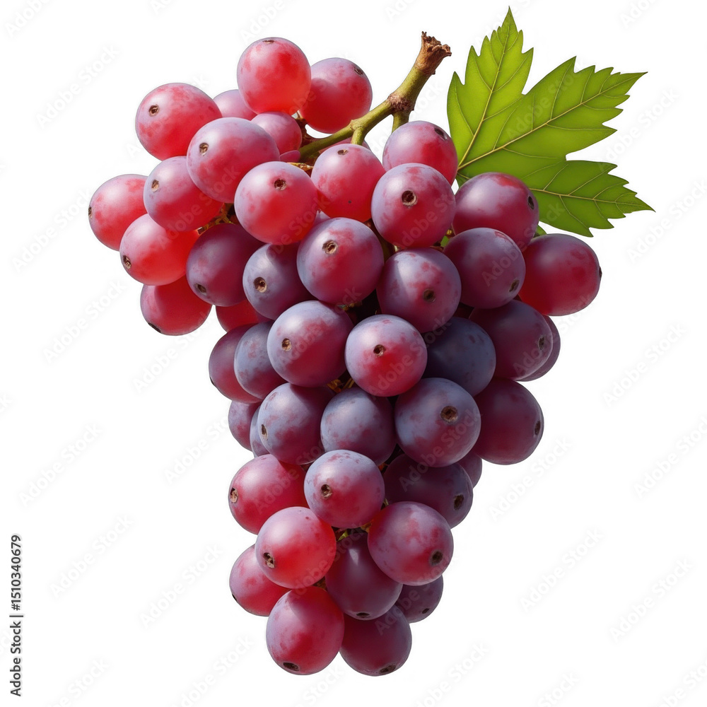 Fototapeta premium Bunch of fresh purple grapes, vibrant fruit with green leaves, perfect for healthy snacking or adding to desserts. Isolated on white background or PNG