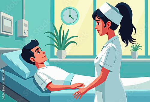 Caring Healthcare: Bright and Cheerful Illustration of a Nurse Attending to a Patient in a Sunny Hospital Room, Promoting Comfort and Healing.
