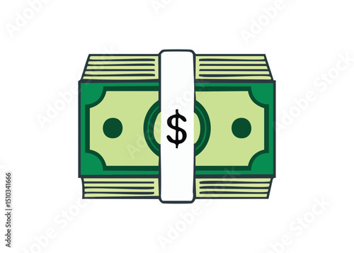 A stack of us dollar banknotes secured with a white strap against a white background