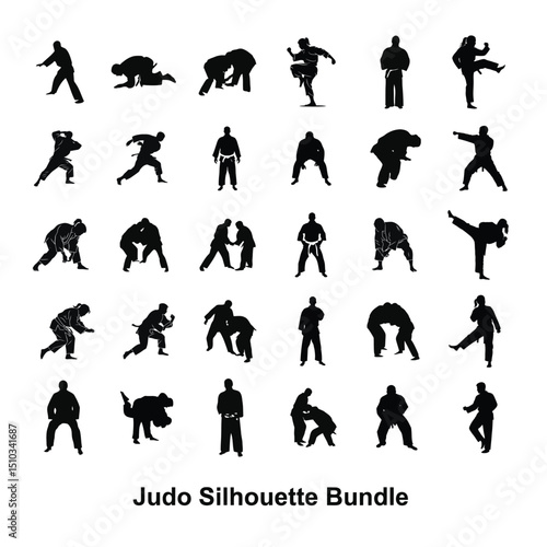 Judo Silhouette Vector Bundle | Martial Arts Poses | Fighting Stance Clipart with white background .