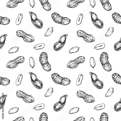 Wallpaper Mural Peanut seamless vector pattern hand drawn with ink. Graphic ornament with whole and cut nuts in shell and peeled kernels. For label design Torontodigital.ca