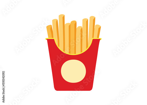 Delicious crispy french fries serving in red paper container with a white background