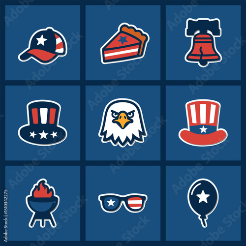 Nine US Independence Day icons in sticker style with white outlines and subtle drop shadows on a navy 3×3 grid: star cap, pie slice, Liberty Bell, Uncle Sam top hat, bald eagle head, striped top hat.