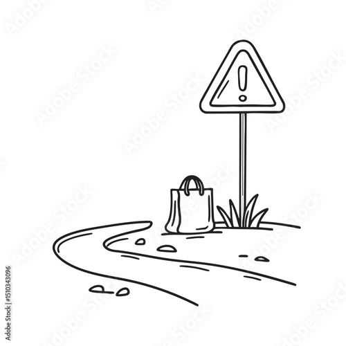 A road sign near a dirt path with a bag leaning against it