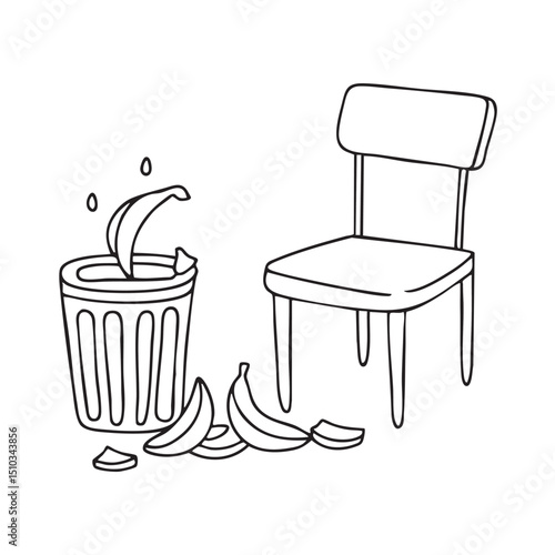 A trash bin next to a chair with banana peels spilled around it