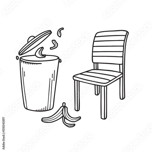 A trash bin close to a chair, banana peels scattered beside it