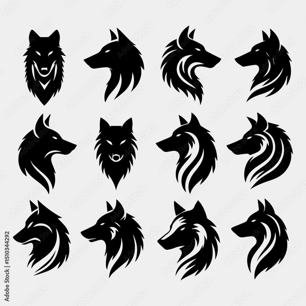 A powerful tribal wolf head vector logo set design with stylized patterns symbolizing wilderness